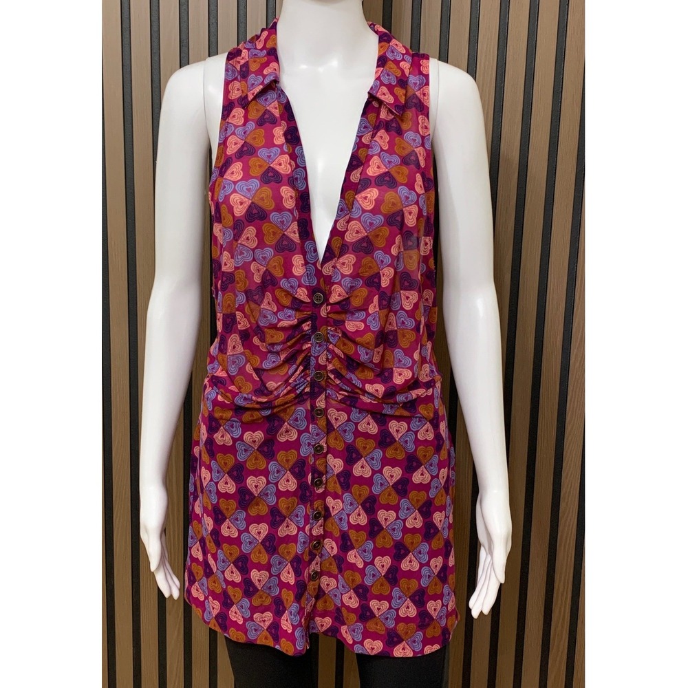 Free People Heart Mesh Ruched Button Front Racerback Multi Color Tunic Top XL